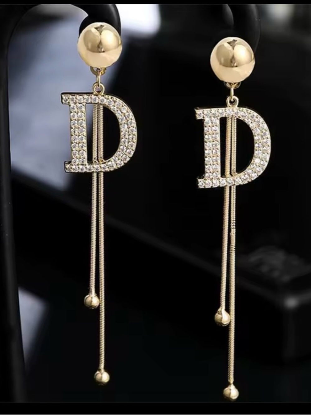Gold Letter D Drop Earrings with Crystal Accent
